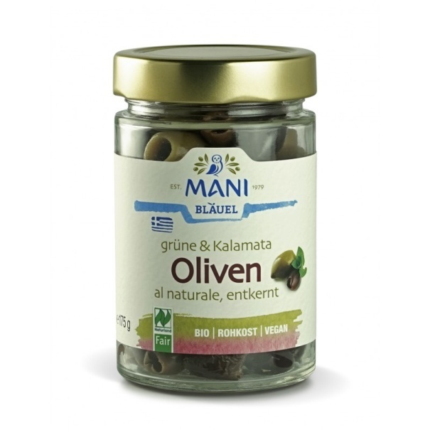 Оливки каламата и зеленые без косточки al naturale БИО, MANI BLAUEL