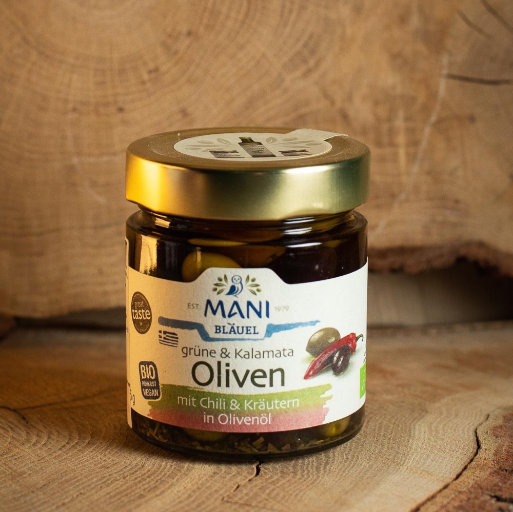 Оливки каламата и зеленые с красным перцем чили и травами в оливк.масле, MANI BLAUEL